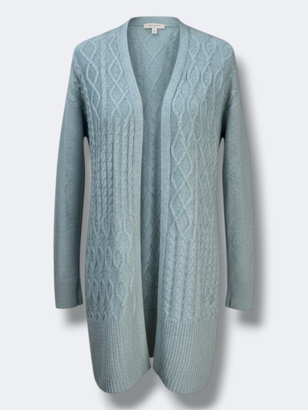 Chico’s Cable Knit Cardigan Womens 0 Small Sage Cashmere Blend Long Open Front